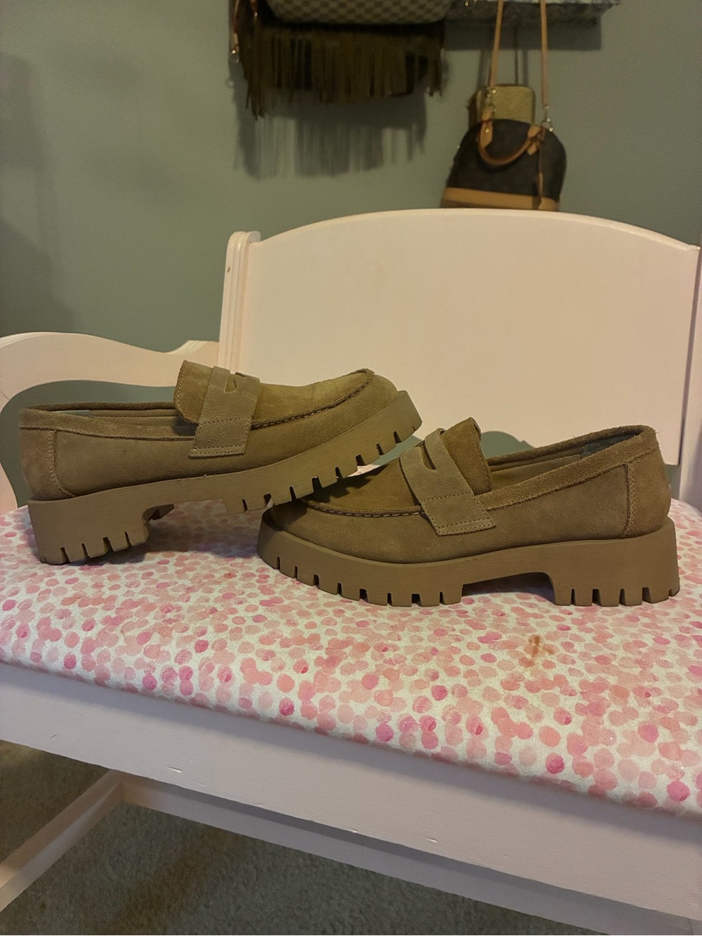 Steve Madden Women's Chunky Lug Sole Penny Loafers in Olive Taupe